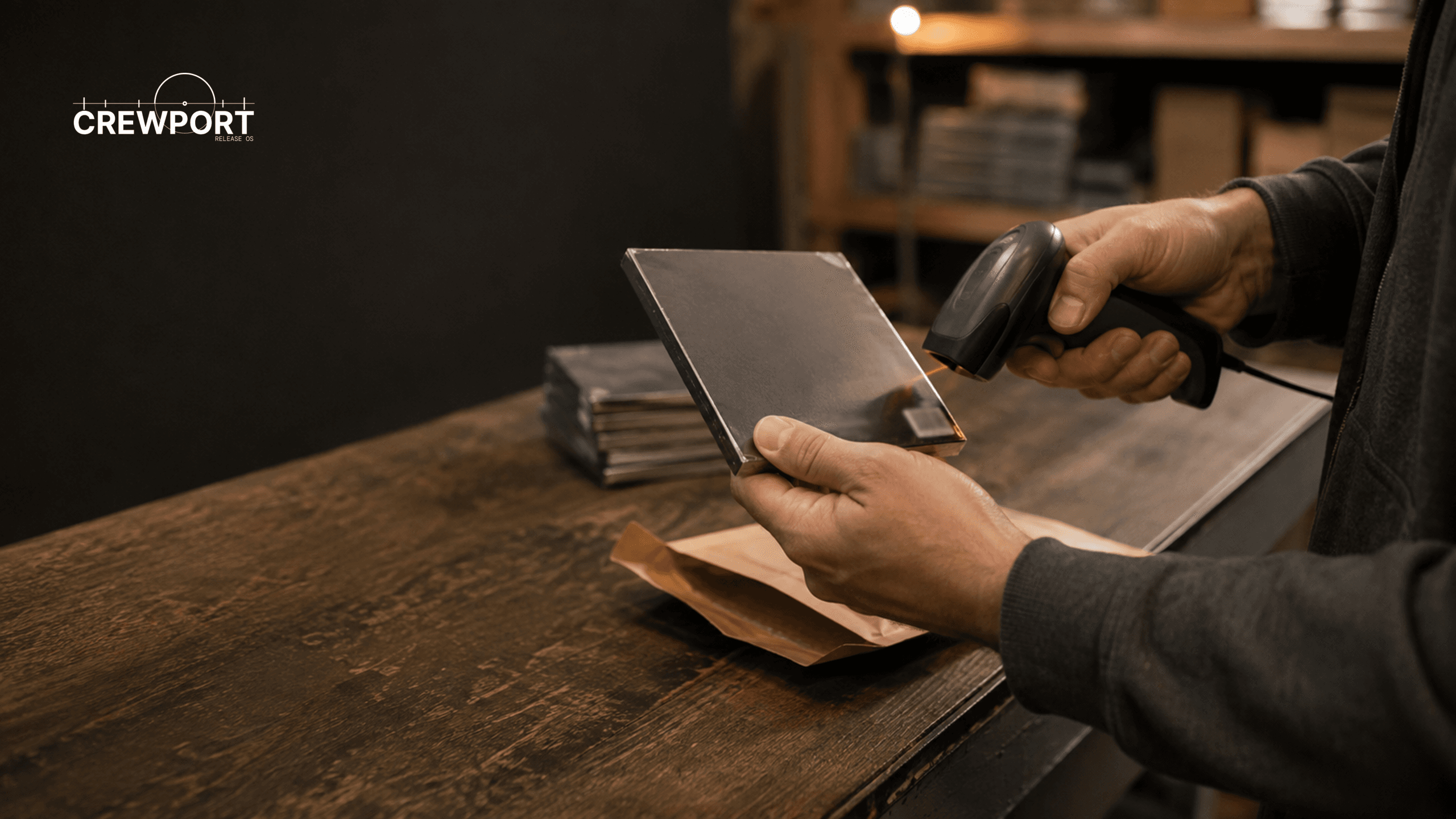 Independent artist scanning a physical music release before packing it for shipment.