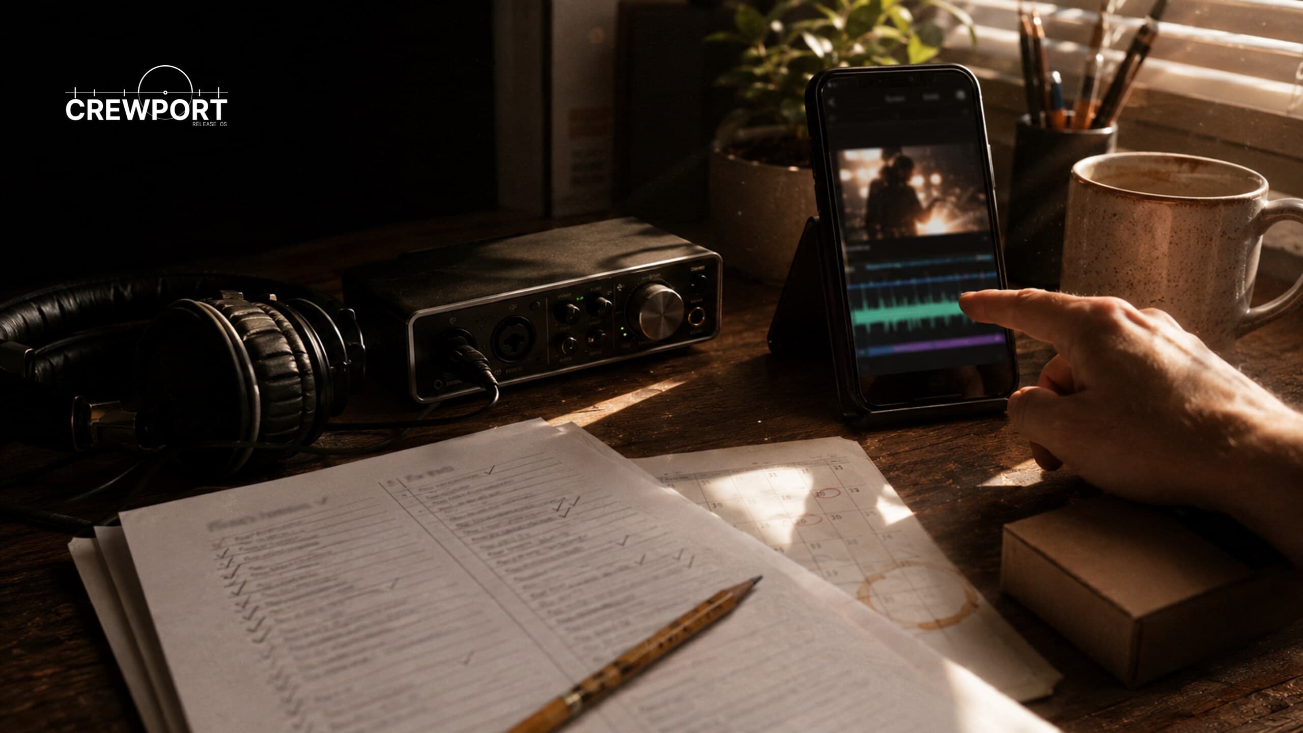 A hand points to an audio track on a phone at a studio desk, beside a music-clearance sheet, calendar, headphones and audio interface in sharp late-afternoon light.