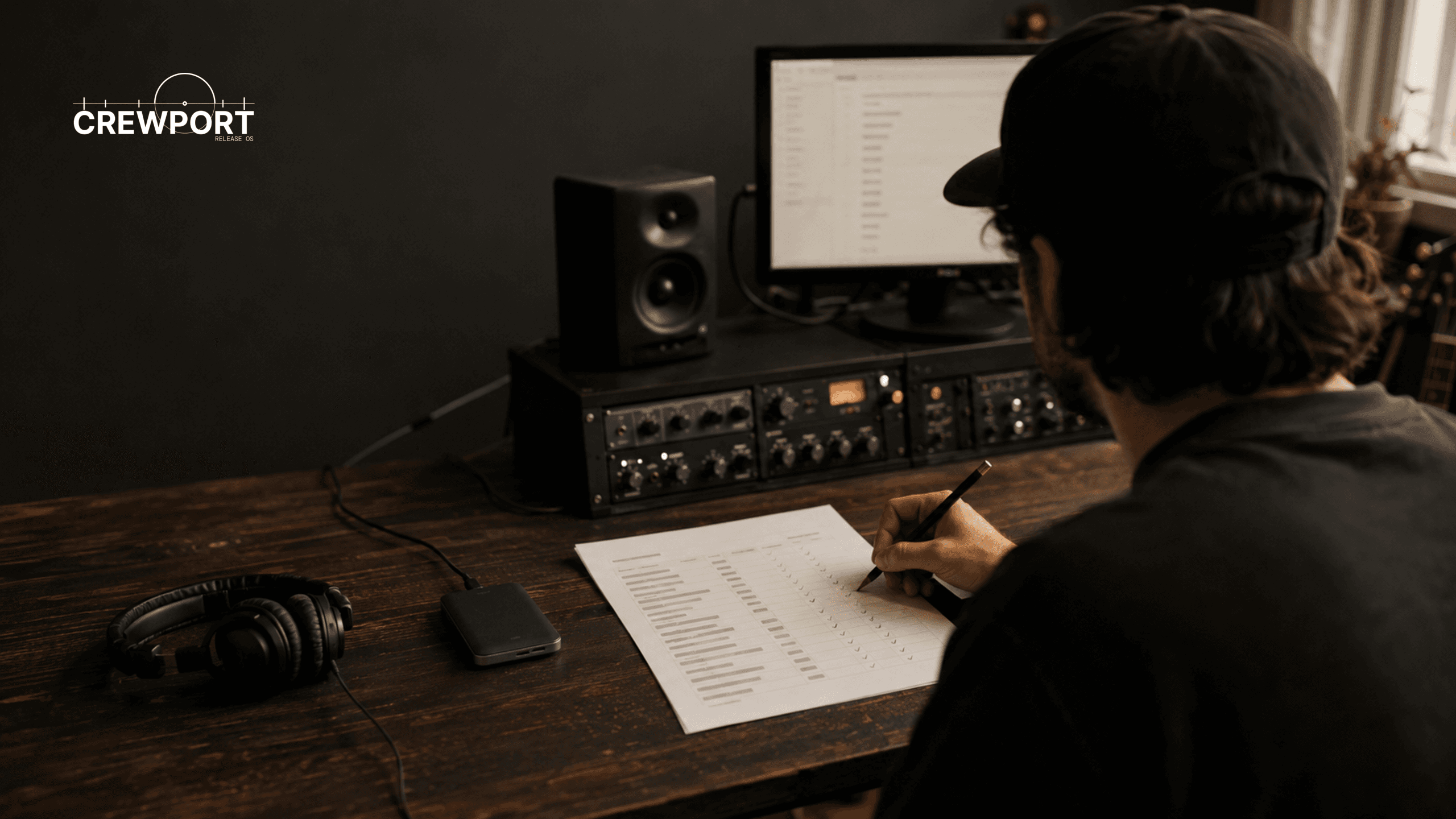 Independent artist reviewing music metadata and release details at a recording studio desk.