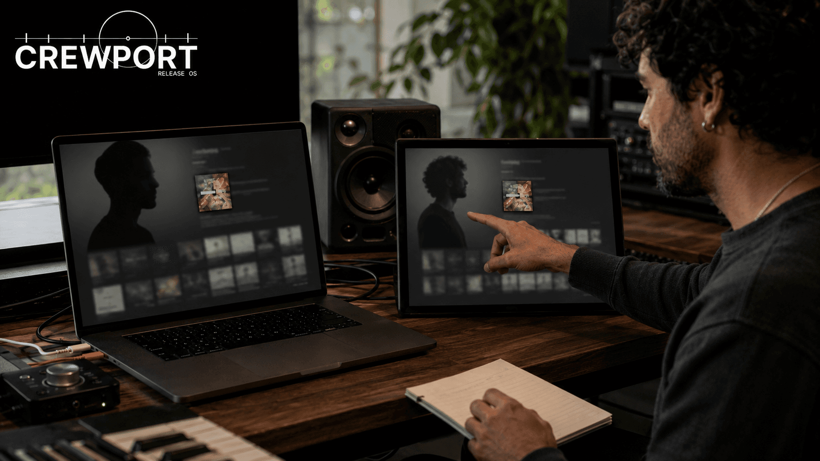 A musician at a studio desk comparing two devices that show blurred, non-branded artist pages. Both screens carry the same small release artwork but clearly different portrait silhouettes and catalog grids — implying the music has been assigned to the wrong identity. The musician points at one screen while holding a handwritten release checklist in the other hand.