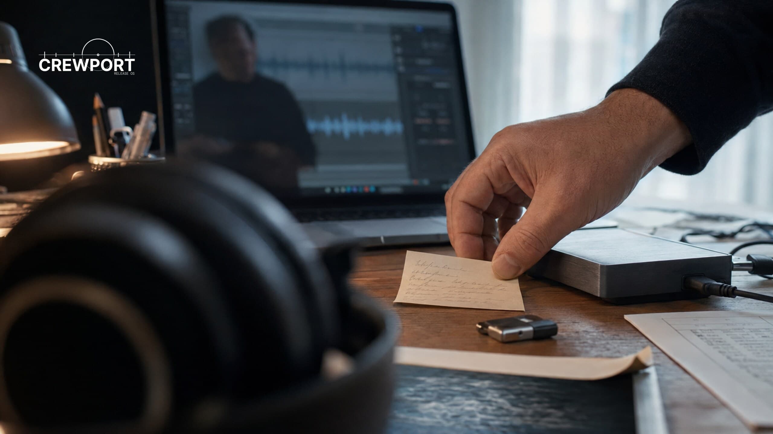 A hand places a handwritten price card beside an external drive while finished music files are prepared for sale at a studio desk.
