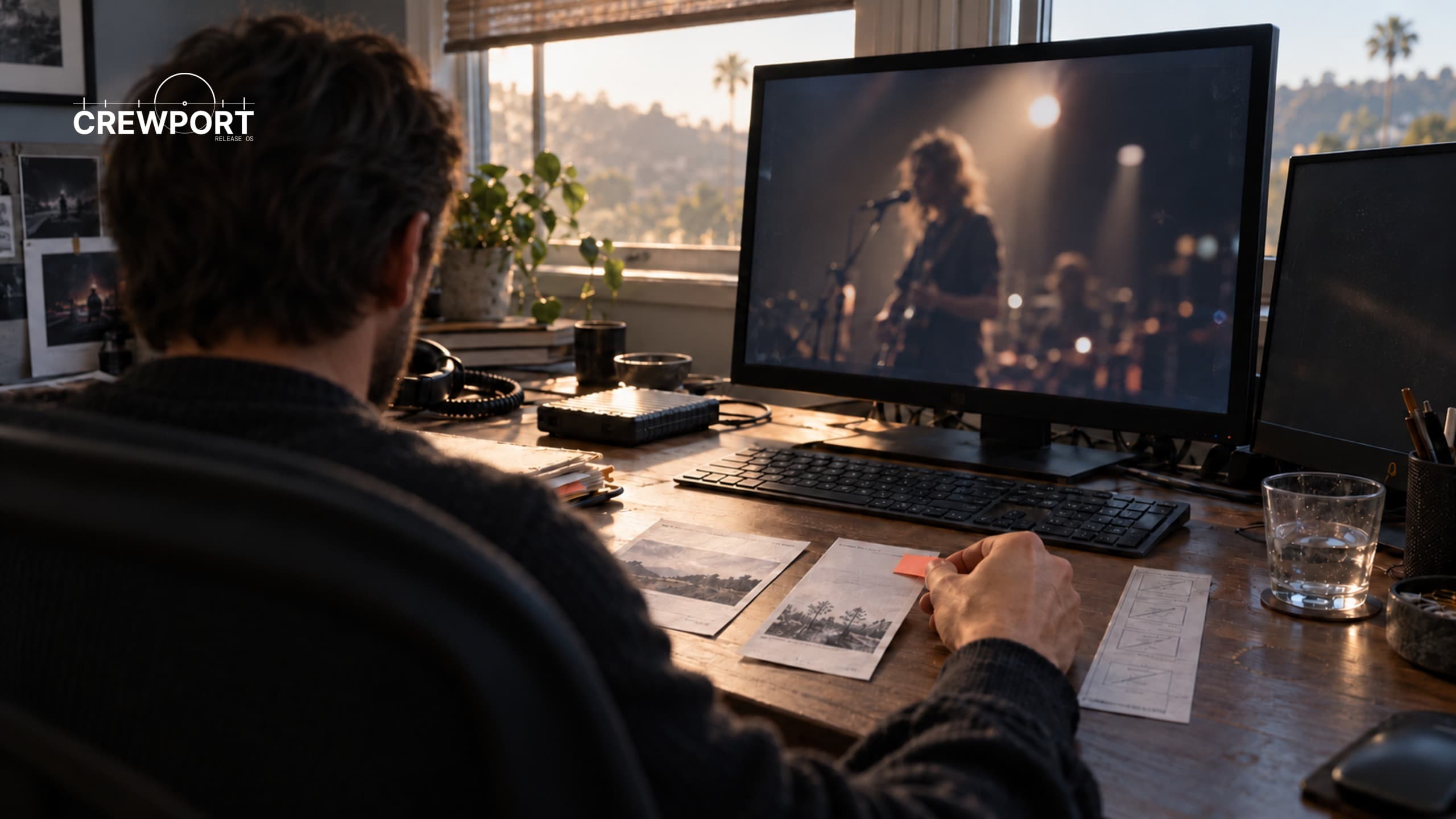 Colourist reviewing a paused live performance and marking a submission card in a Highland Park edit suite.