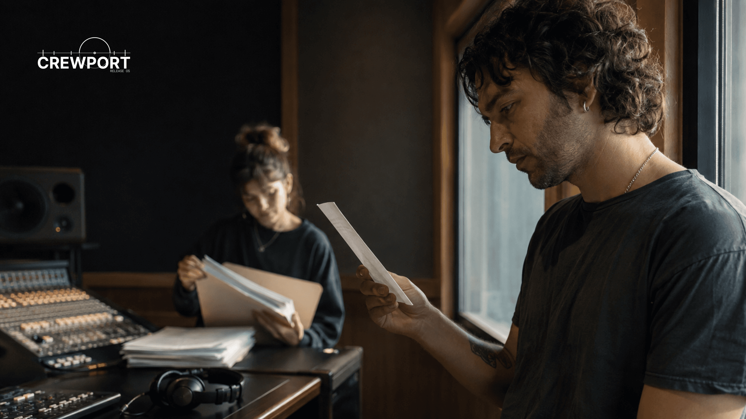 Independent artist reviewing a small royalty statement while an assistant sorts larger reports in a recording studio.