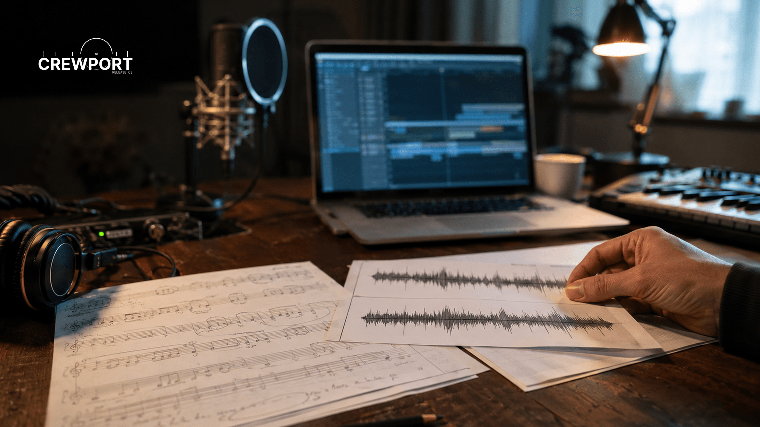 Songwriter comparing printed audio waveforms with a handwritten melody sheet in a small home studio.