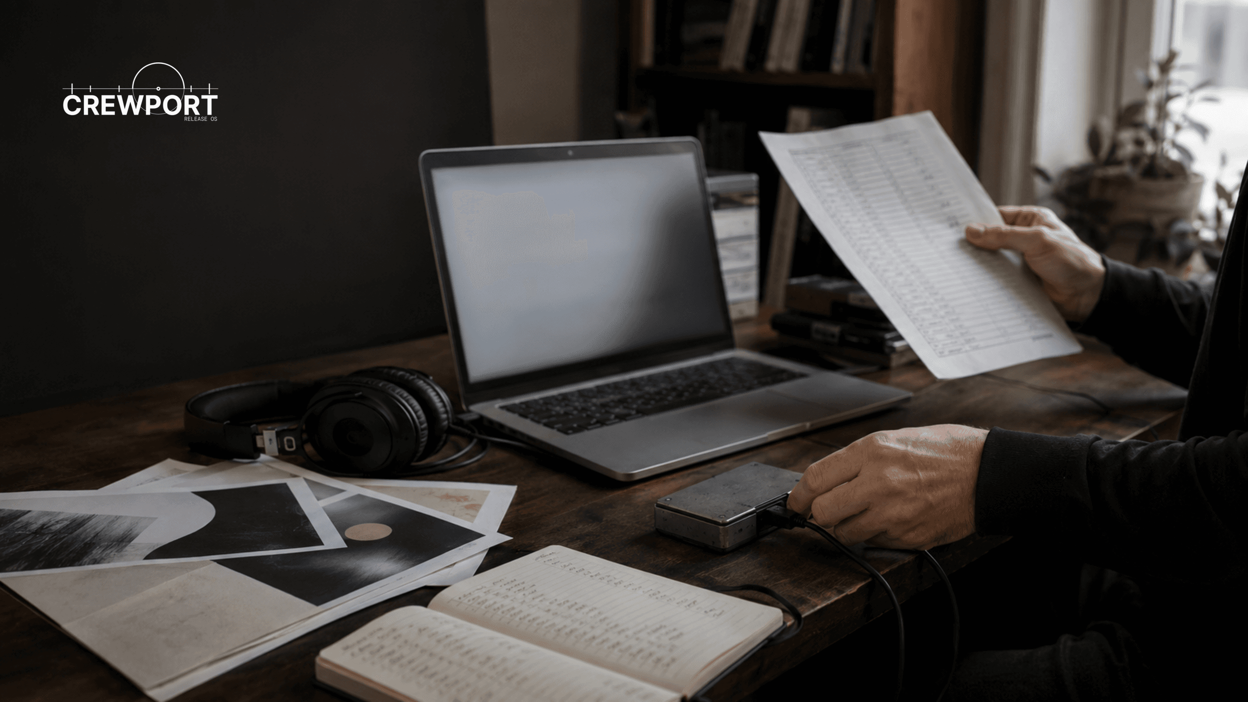 Independent label manager unplugging an external hard drive while packing up a home-office desk after a music platform shutdown.