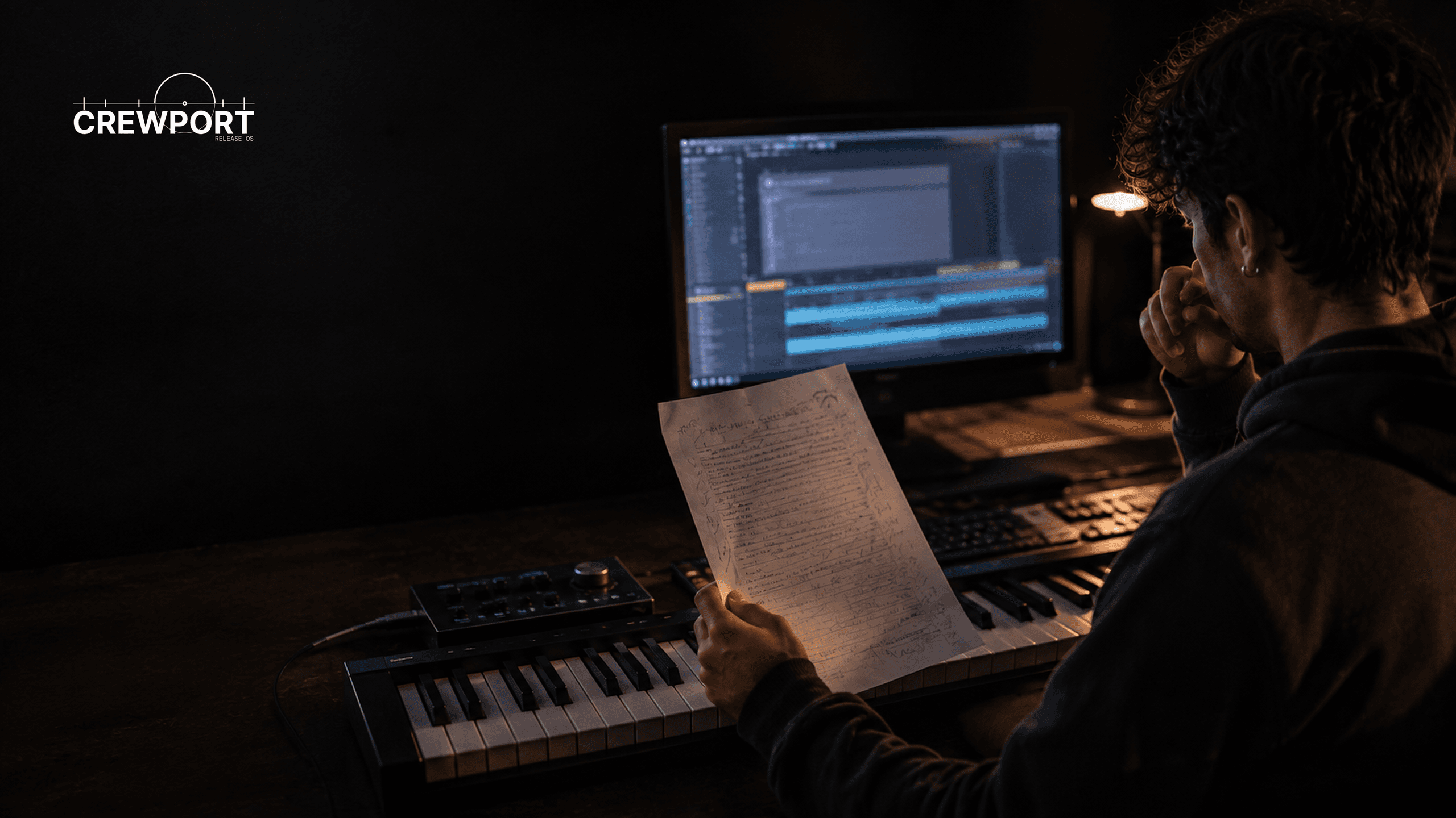 Musician reviewing handwritten song notes beside an audio editing screen in a dark home studio.
